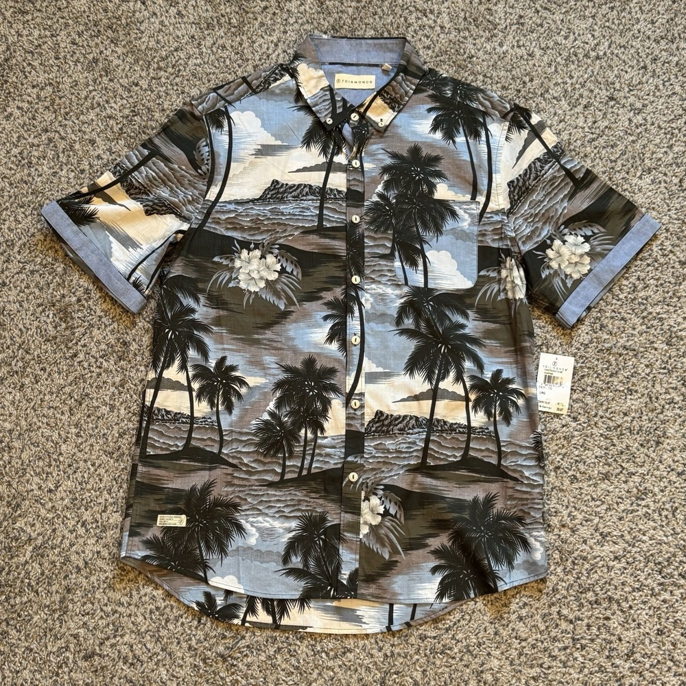7 DIAMONDS PALM OCEAN PRINT SHORT SLEEVE COTTON SHIRT SIZE Large SLIM FIT
